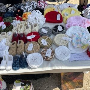 Handcrafted Baby Booties and Hats Set - Cream, White, and Blue